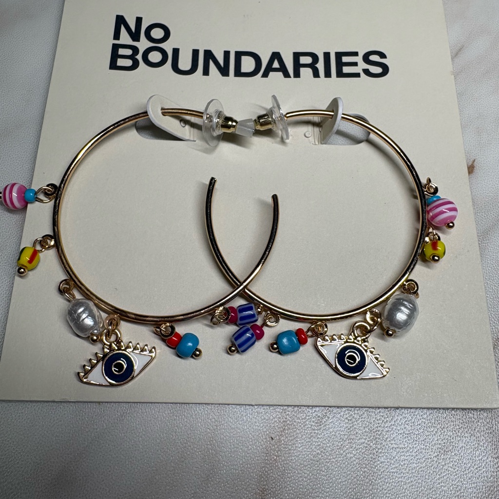 No Boundaries Gold Hoop Earrings With Blue Eye Charm And Multicolor Beads 10$